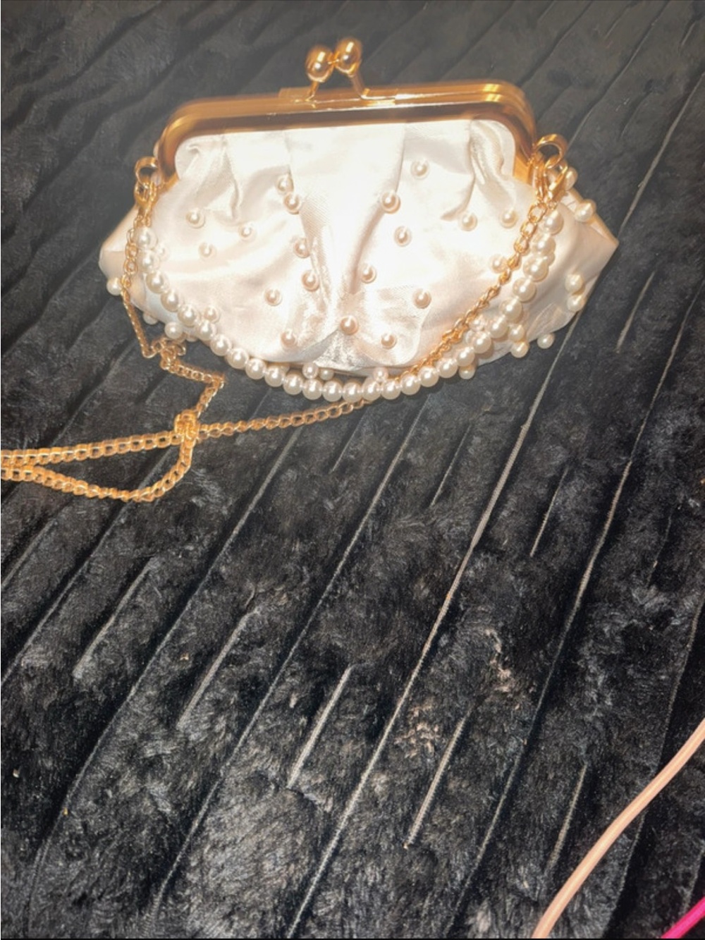 SHEIN Pearl-Trim Satin Kiss-Lock Clutch in White with Gold Chain